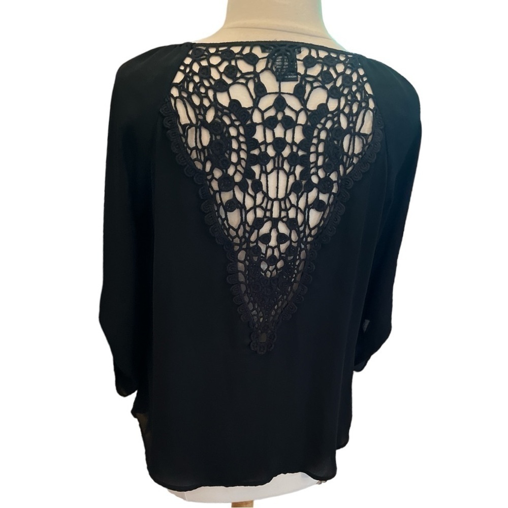 Stoosh Black Sheer Crochet Lace Back Detail Tab Sleeve Flattering Fit Size L